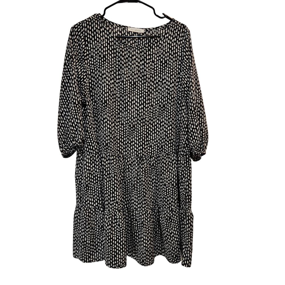 Ces Femme Black White Abstract Long Sleeve Pullover Tiered Shift Dress Large